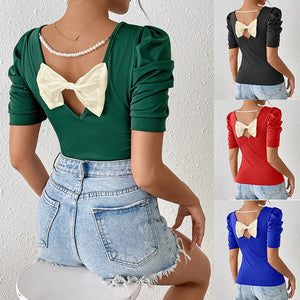 Versatile bubble short - sleeved T-shirt bow top jumper - Negative Apparel