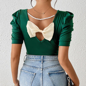 Versatile bubble short - sleeved T-shirt bow top jumper - Negative Apparel