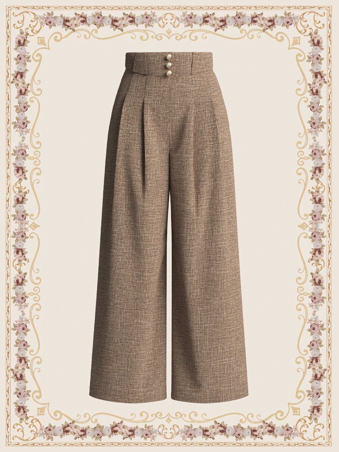Vintage Elegant Women's Wide - Leg Pants With Floral Waistband Decorated With Button, Brown, For Casual And Commuting Old Money Style Business Women Clothes Teacher Pants Teacher Clothes Dress Pants Wide Leg Pants Women Pants Fall Outfits Work Women Clothes - Negative Apparel