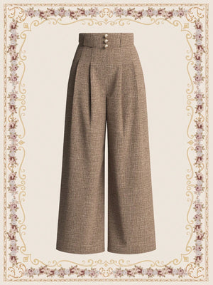 Vintage Elegant Women's Wide - Leg Pants With Floral Waistband Decorated With Button, Brown, For Casual And Commuting Old Money Style Business Women Clothes Teacher Pants Teacher Clothes Dress Pants Wide Leg Pants Women Pants Fall Outfits Work Women Cloth