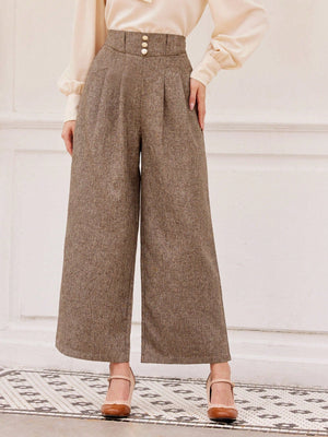 Vintage Elegant Women's Wide - Leg Pants With Floral Waistband Decorated With Button, Brown, For Casual And Commuting Old Money Style Business Women Clothes Teacher Pants Teacher Clothes Dress Pants Wide Leg Pants Women Pants Fall Outfits Work Women Cloth