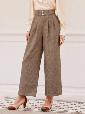 Vintage Elegant Women's Wide - Leg Pants With Floral Waistband Decorated With Button, Brown, For Casual And Commuting Old Money Style Business Women Clothes Teacher Pants Teacher Clothes Dress Pants Wide Leg Pants Women Pants Fall Outfits Work Women Cloth