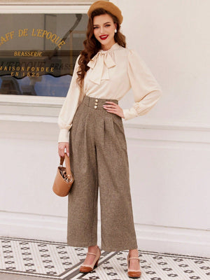 Vintage Elegant Women's Wide - Leg Pants With Floral Waistband Decorated With Button, Brown, For Casual And Commuting Old Money Style Business Women Clothes Teacher Pants Teacher Clothes Dress Pants Wide Leg Pants Women Pants Fall Outfits Work Women Cloth