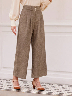 Vintage Elegant Women's Wide - Leg Pants With Floral Waistband Decorated With Button, Brown, For Casual And Commuting Old Money Style Business Women Clothes Teacher Pants Teacher Clothes Dress Pants Wide Leg Pants Women Pants Fall Outfits Work Women Cloth