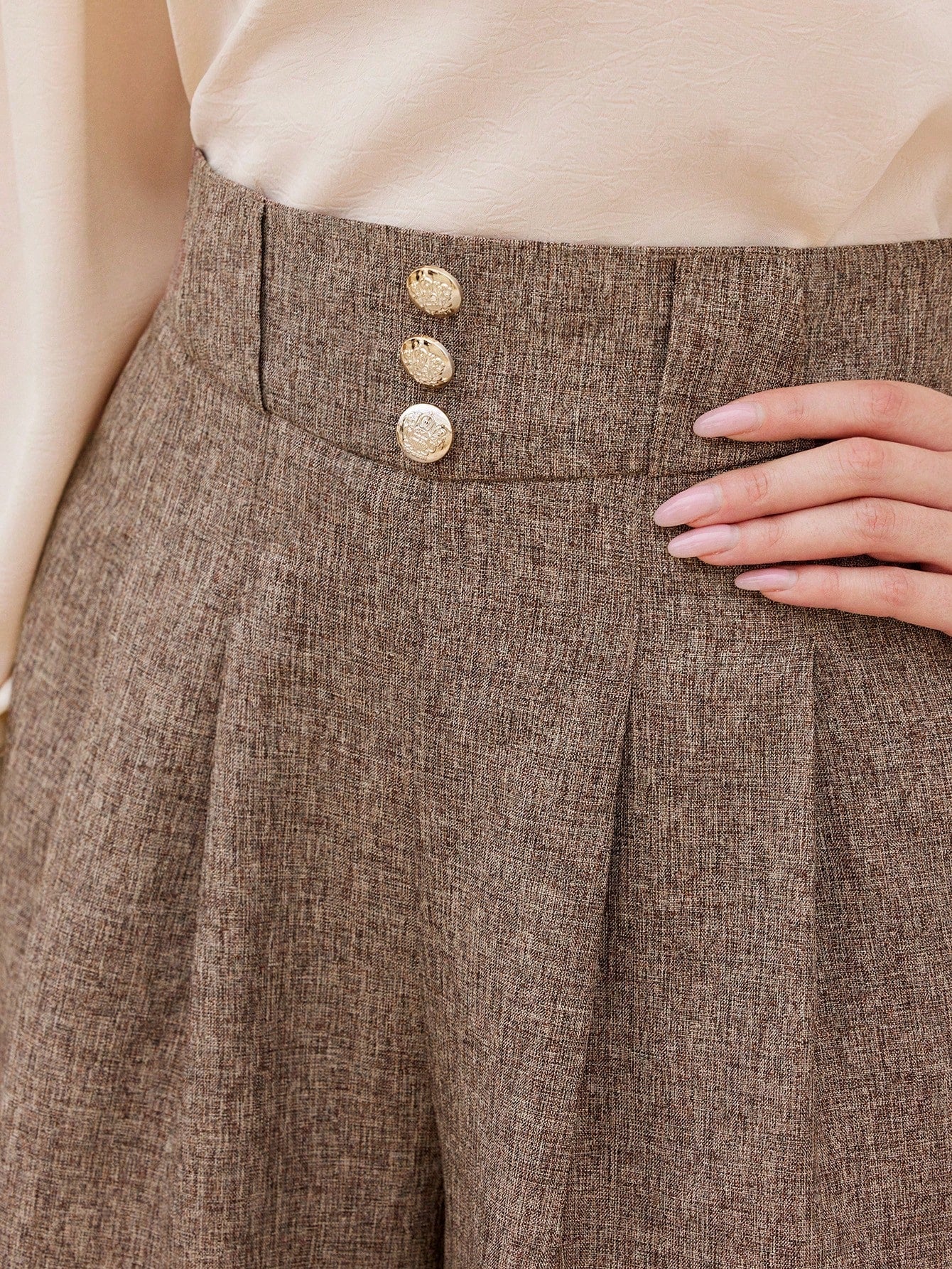 Vintage Elegant Women's Wide - Leg Pants With Floral Waistband Decorated With Button, Brown, For Casual And Commuting Old Money Style Business Women Clothes Teacher Pants Teacher Clothes Dress Pants Wide Leg Pants Women Pants Fall Outfits Work Women Clothes - Negative Apparel