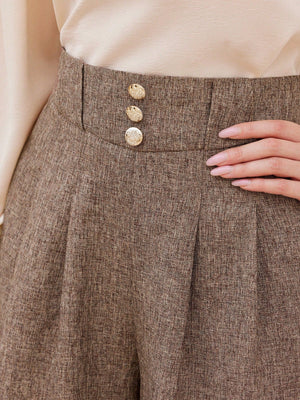 Vintage Elegant Women's Wide - Leg Pants With Floral Waistband Decorated With Button, Brown, For Casual And Commuting Old Money Style Business Women Clothes Teacher Pants Teacher Clothes Dress Pants Wide Leg Pants Women Pants Fall Outfits Work Women Cloth