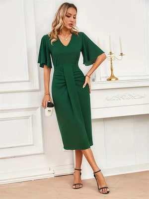 Waist knot lotus leaf sleeves mid - length dress V - neck solid color dress - Negative Apparel