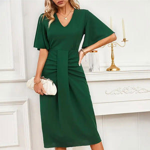 Waist knot lotus leaf sleeves mid - length dress V - neck solid color dress - Negative Apparel