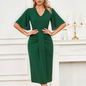 Waist knot lotus leaf sleeves mid - length dress V - neck solid color dress - Negative Apparel