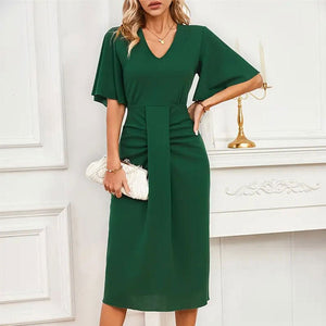 Waist knot lotus leaf sleeves mid - length dress V - neck solid color dress - Negative Apparel