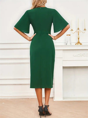 Waist knot lotus leaf sleeves mid - length dress V - neck solid color dress - Negative Apparel