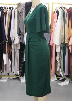 Waist knot lotus leaf sleeves mid - length dress V - neck solid color dress - Negative Apparel