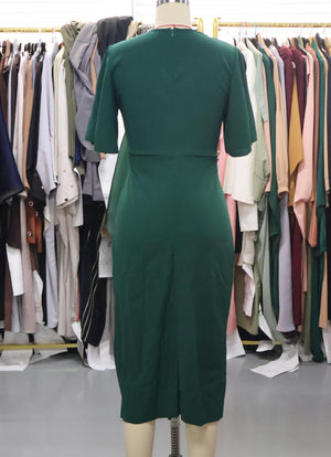 Waist knot lotus leaf sleeves mid - length dress V - neck solid color dress - Negative Apparel