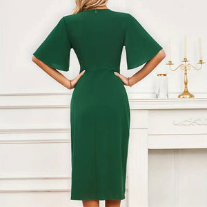 Waist knot lotus leaf sleeves mid - length dress V - neck solid color dress - Negative Apparel