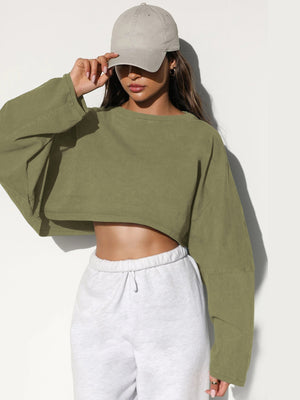 Washed Vintage Sweatshirt Trendy Short Knit Pullover β Long Sleeve Active Yoga Top - Negative Apparel