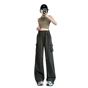 White American overalls women's spring, autumn and summer 2025 new high waist drape wide leg sweatpants casual slimming sports pants - Negative Apparel