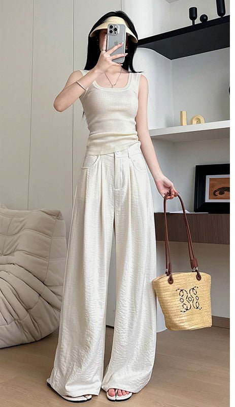 White milk husband suit pants women's 2025 summer new loose and thin straight - leg pants high waist lazy ice silk wide - leg pants - Negative Apparel