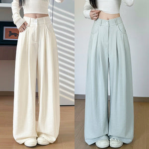 White milk husband suit pants women's 2025 summer new loose and thin straight - leg pants high waist lazy ice silk wide - leg pants - Negative Apparel