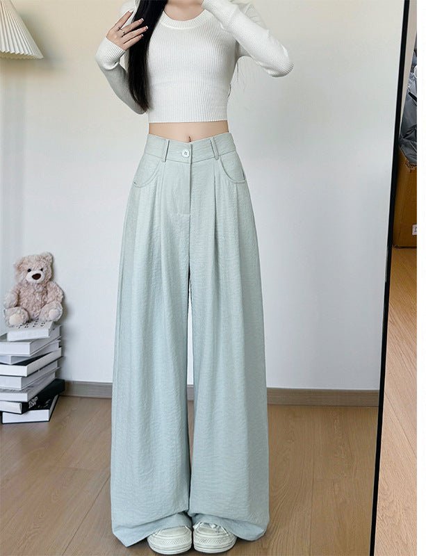 White milk husband suit pants women's 2025 summer new loose and thin straight - leg pants high waist lazy ice silk wide - leg pants - Negative Apparel