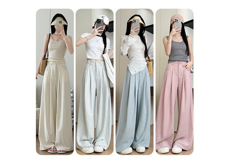 White milk husband suit pants women's 2025 summer new loose and thin straight - leg pants high waist lazy ice silk wide - leg pants - Negative Apparel