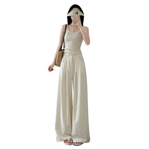 White milk husband suit pants women's 2025 summer new loose and thin straight - leg pants high waist lazy ice silk wide - leg pants - Negative Apparel