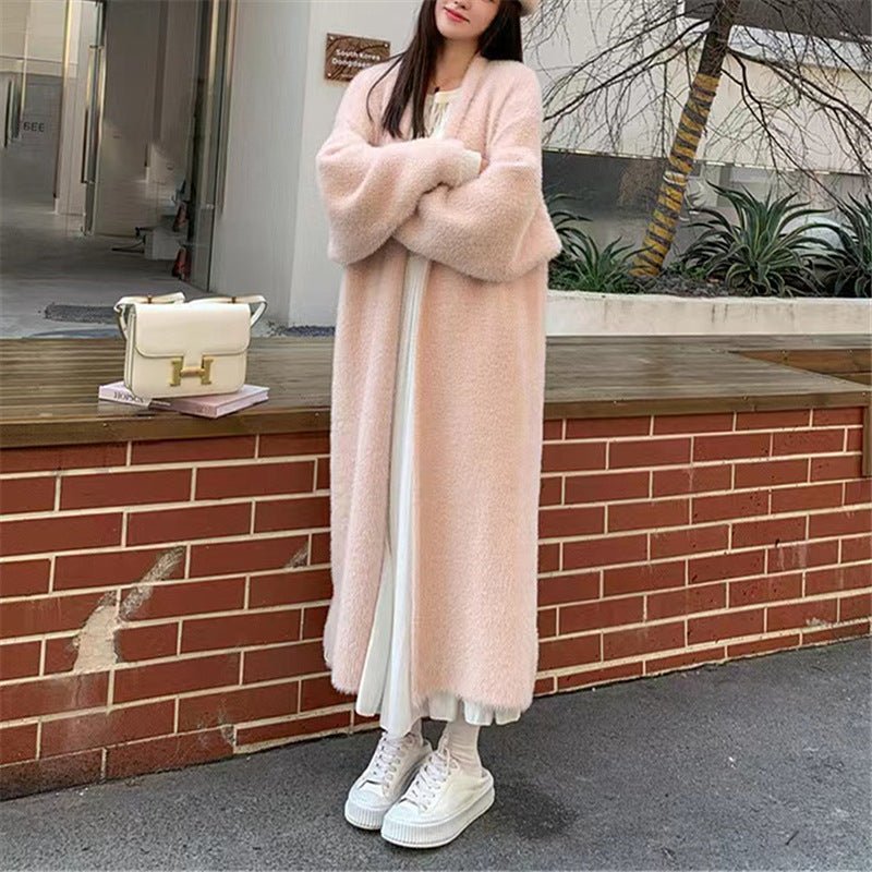 White Mink Fleece Cardigan Loose Mid Size Thick Knitted Jacket - Negative Apparel