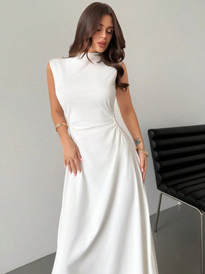 White Stand Collar Sleeveless Ruched A - Line Maxi Dress FD - Negative Apparel