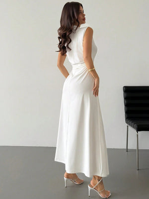 White Stand Collar Sleeveless Ruched A - Line Maxi Dress FD - Negative Apparel