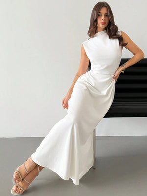 White Stand Collar Sleeveless Ruched A - Line Maxi Dress FD - Negative Apparel
