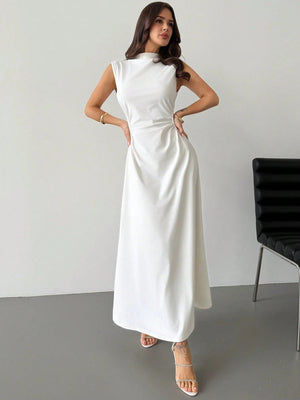 White Stand Collar Sleeveless Ruched A - Line Maxi Dress FD - Negative Apparel