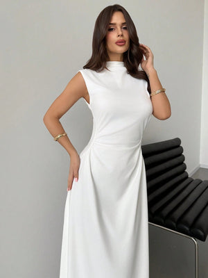 White Stand Collar Sleeveless Ruched A - Line Maxi Dress FD - Negative Apparel