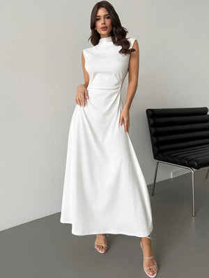 White Stand Collar Sleeveless Ruched A - Line Maxi Dress FD - Negative Apparel
