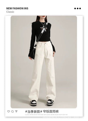 White Women’s High - Waist Wide - Leg Denim Jeans – Trendy Street Hipster Style with Button Detail | Autumn 2025 Collection - Negative Apparel