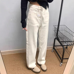 White Women’s Wide - Leg Denim Jeans – Loose Waist Cowboy Style with Button Detail | Street Hipster Winter - Negative Apparel