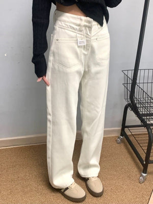 White Women’s Wide - Leg Denim Jeans – Loose Waist Cowboy Style with Button Detail | Street Hipster Winter - Negative Apparel