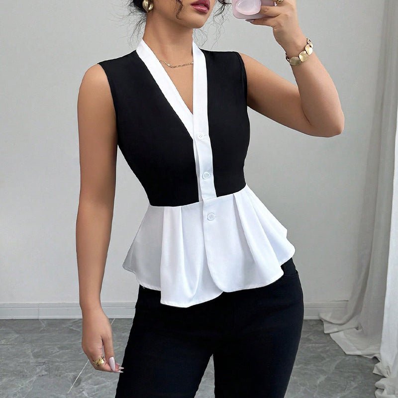 wink sleeveless shirt 2025 summer an and n commuter style fake two - piece cardigan shirt for women - Negative Apparel