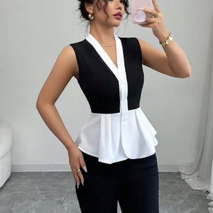 wink sleeveless shirt 2025 summer an and n commuter style fake two - piece cardigan shirt for women - Negative Apparel