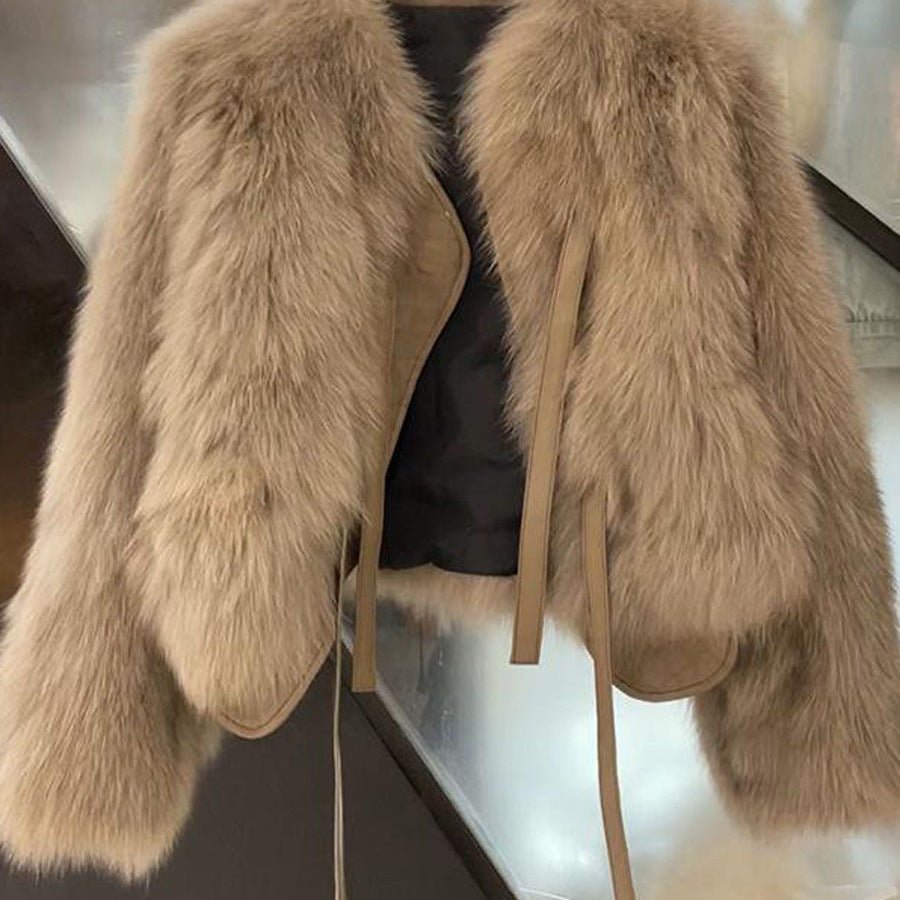 Winter 2024 Japanese Korean Style Faux Fur Short Jacket for Women – Elegant Round Neck Soft Leather Plush Coat - Negative Apparel