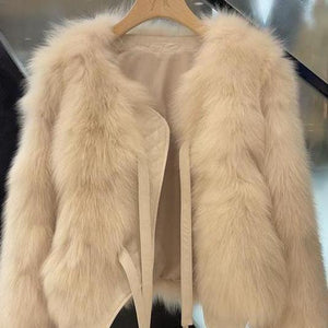 Winter 2024 Japanese Korean Style Faux Fur Short Jacket for Women โ Elegant Round Neck Soft Leather Plush Coat - Negative Apparel