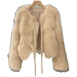 Winter 2024 Japanese Korean Style Faux Fur Short Jacket for Women โ Elegant Round Neck Soft Leather Plush Coat - Negative Apparel