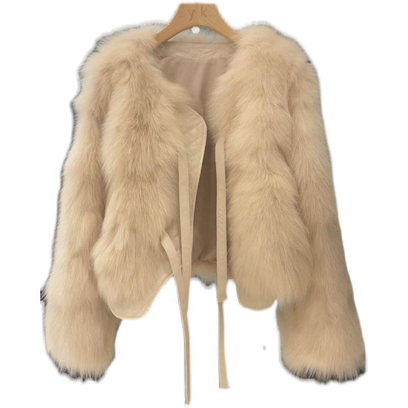 Winter 2024 Japanese Korean Style Faux Fur Short Jacket for Women โ Elegant Round Neck Soft Leather Plush Coat - Negative Apparel