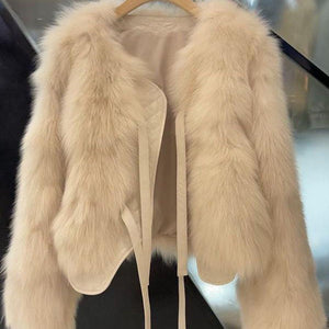 Winter 2024 Japanese Korean Style Faux Fur Short Jacket for Women โ Elegant Round Neck Soft Leather Plush Coat - Negative Apparel