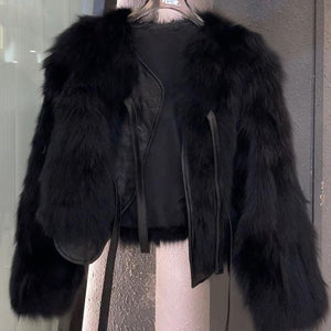 Winter 2024 Japanese Korean Style Faux Fur Short Jacket for Women – Elegant Round Neck Soft Leather Plush Coat - Negative Apparel