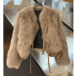 Winter 2024 Japanese Korean Style Faux Fur Short Jacket for Women โ Elegant Round Neck Soft Leather Plush Coat - Negative Apparel