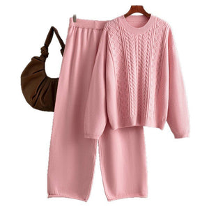 Winter loose twist pullover sweater women's suit knitted wide - leg pants co - ord set - Negative Apparel