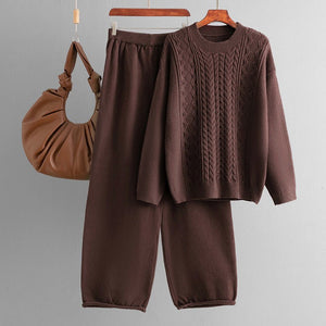 Winter loose twist pullover sweater women's suit knitted wide - leg pants co - ord set - Negative Apparel