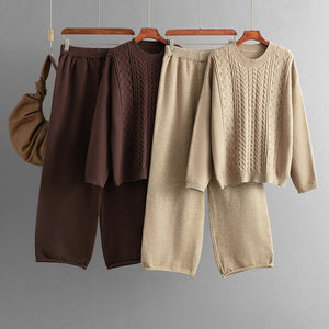 Winter loose twist pullover sweater women's suit knitted wide - leg pants co - ord set - Negative Apparel
