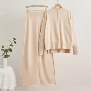 Winter new knitted top wide leg pants fashion temperament two - piece set - Negative Apparel