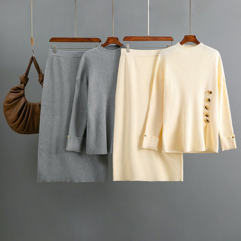 Winter new side slit button decorative sweater skirt two - piece set - Negative Apparel