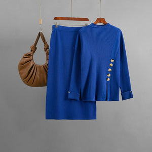 Winter new side slit button decorative sweater skirt two - piece set - Negative Apparel